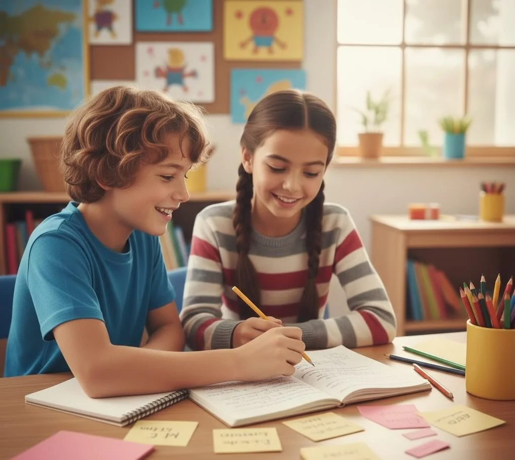 Middle school students collaborating on writing exercises in classroom
