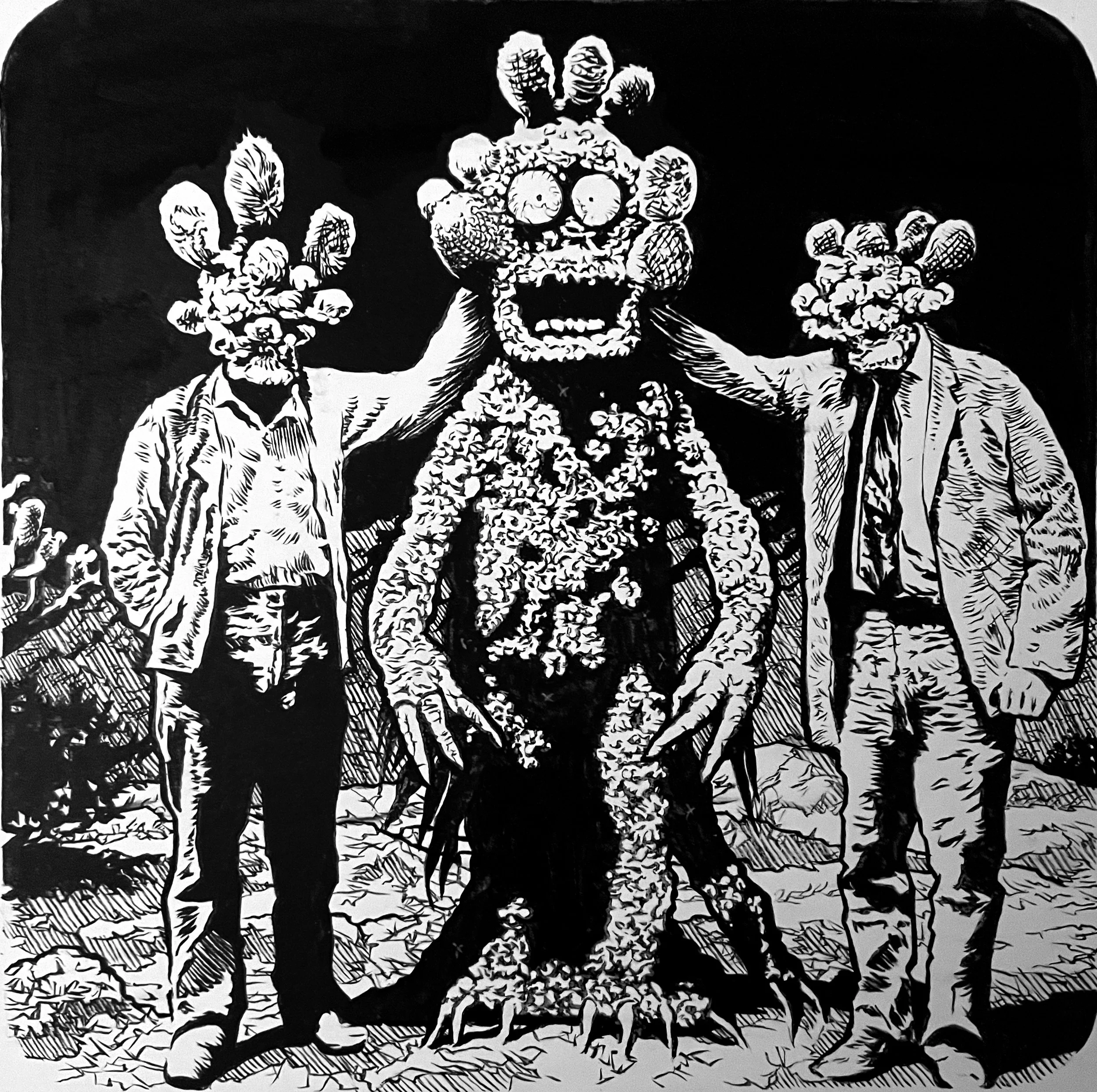 Two men in suits stand on either side of a large, monster-like creature with multiple arms and a face made of textured, flower-like parts.