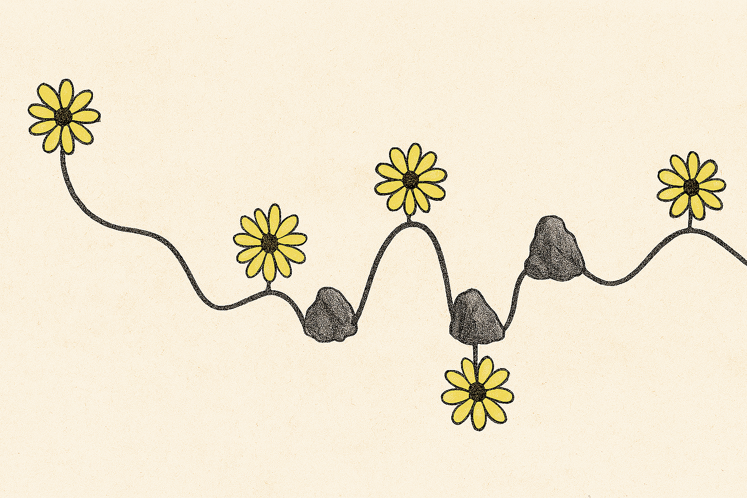 Visual illustration of NET therapy at The Reframe Room. Simple drawing of a string with flowers and stones positioned along it to represent events in someone's life story for trauma therapy.