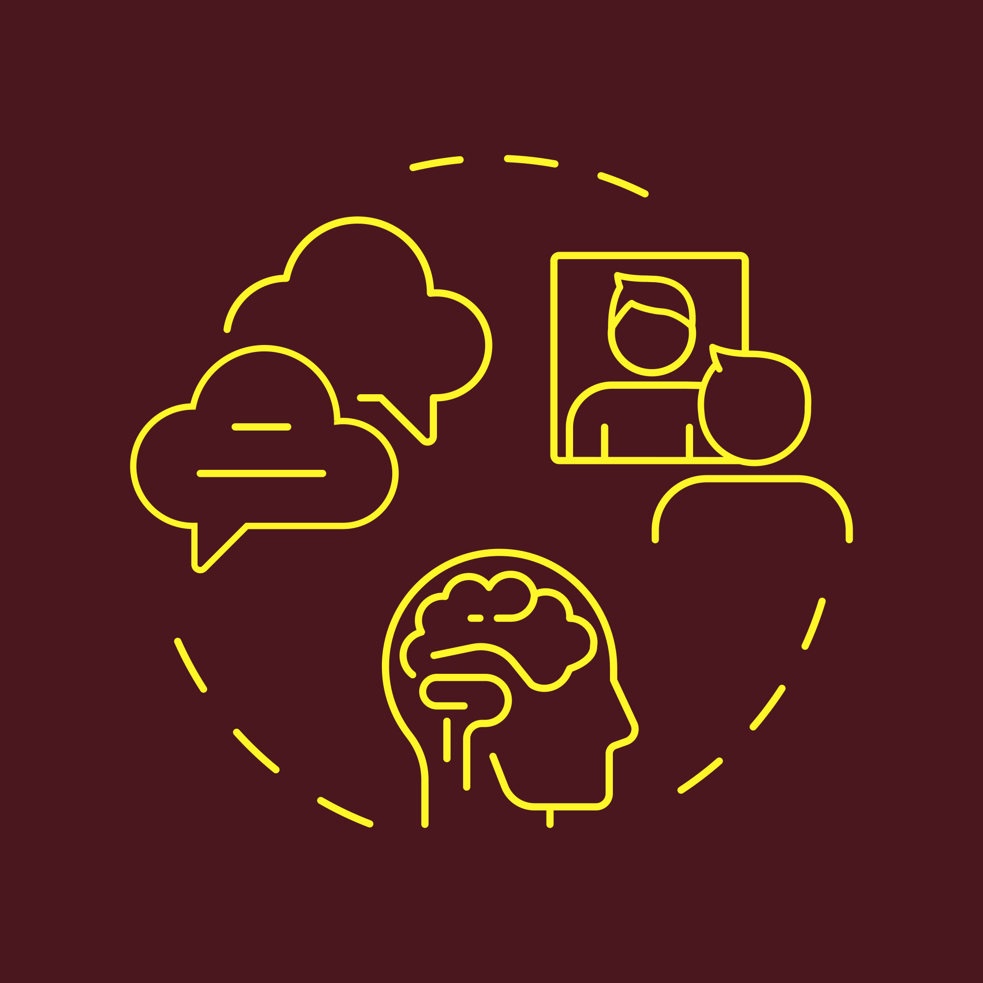 Visual illustration of CBT Therapy at The Reframe Room. A brain, speech bubbles, and two people communicating, all connected by a dashed circle to represent the therapeutic process.