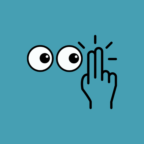 Visual illustration of EMDR Therapy at The Reframe Room. Cartoon eyes looking at a hand with fingers pointing upwards, moving side to side, to represent bilateral stimulation for memory processing in trauma therapy.