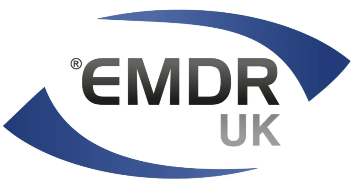 Logo with the text 'EMDR UK' inside an eye-shaped design with blue and gray colors.