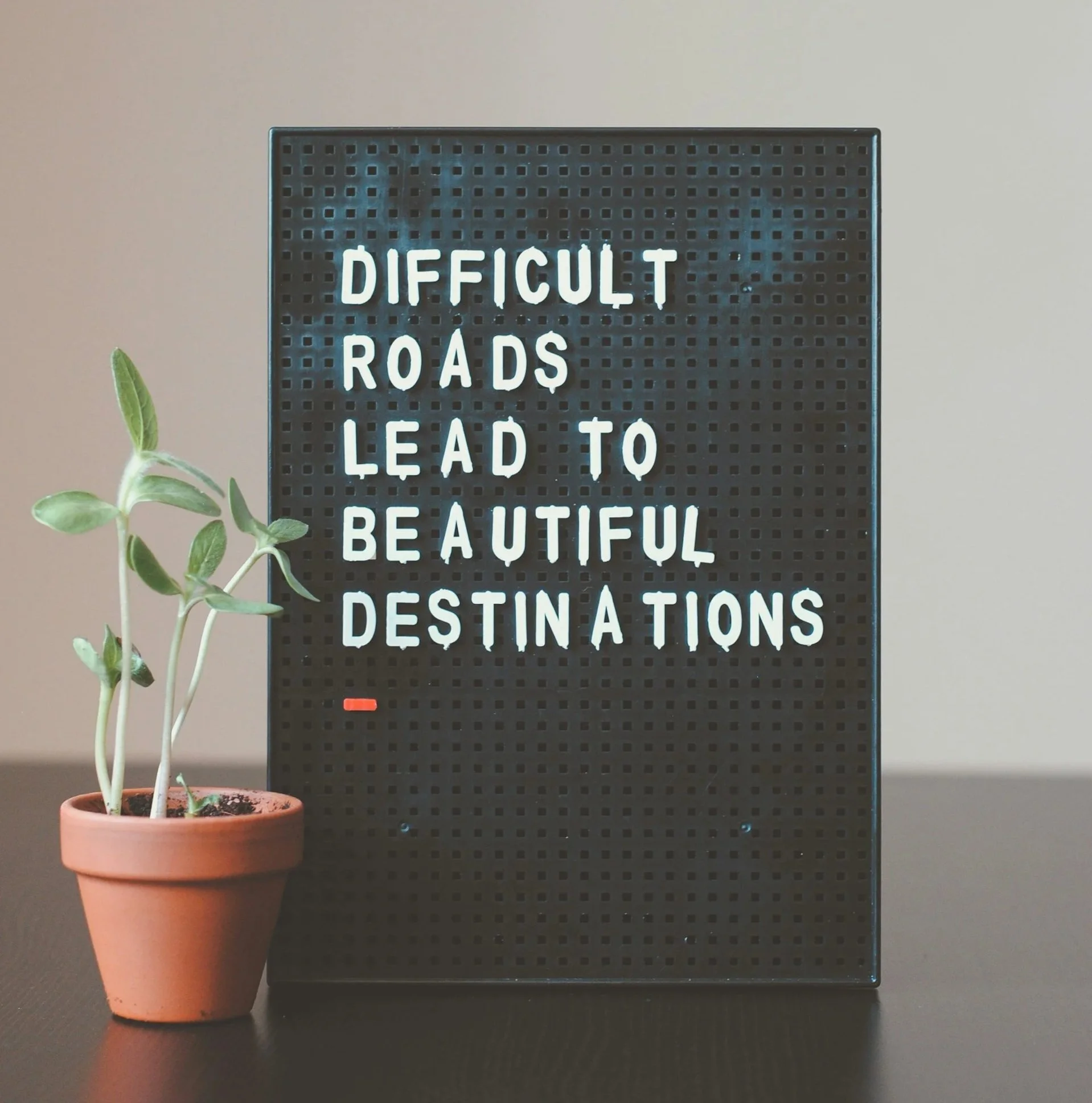 A black letter board with the quote 'Difficult roads lead to beautiful destinations' in white letters, placed on a dark surface next to a small potted plant with green leaves in a terra cotta pot.