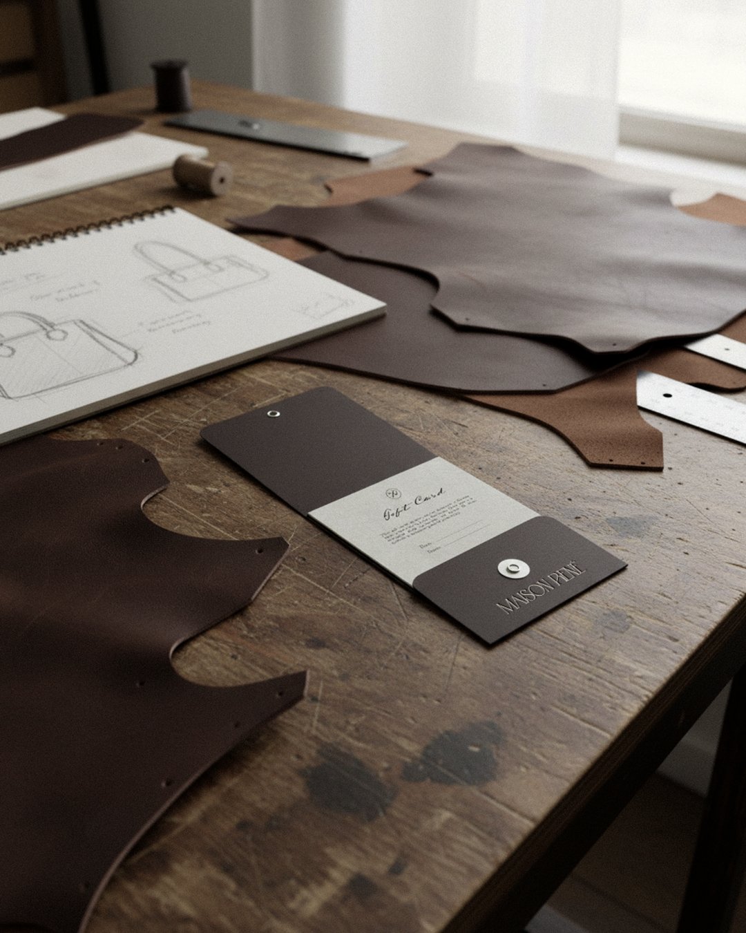A work table with leather swatches, a color card, sketches, and design notes for a handbag project.