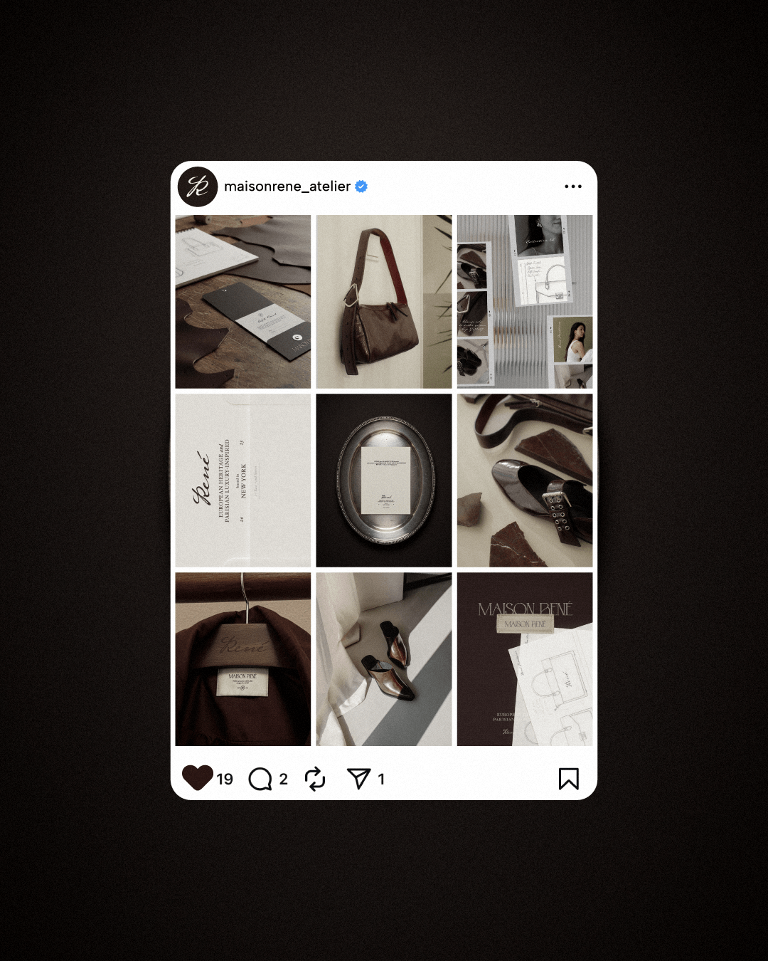 Collage of luxury fashion and accessories, including designer handbags, shoes, jewelry, and branded packaging from Maison René Atelier.