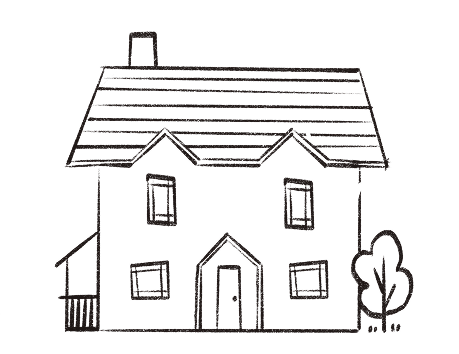 Line drawing of a two-story house with a pitched roof, chimney, and a front door, next to a small tree.