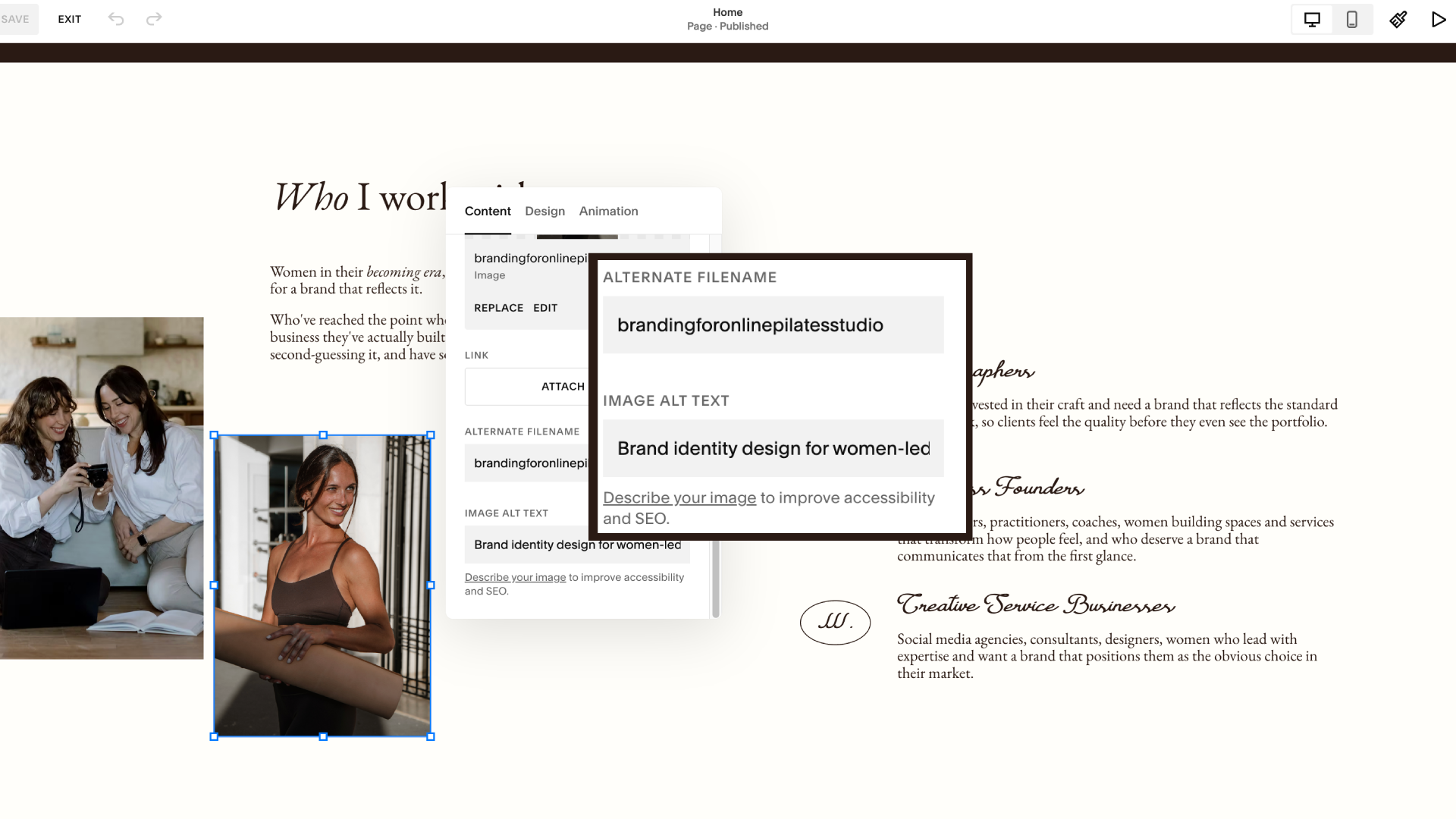 Website improvements I did on my website to book more high-paying and aligned clients as a brand and Squarespace designer