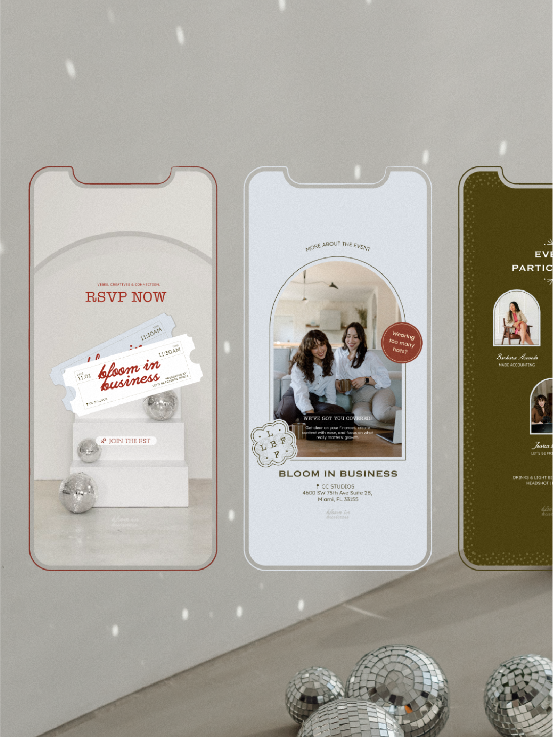 Three vertical digital banners for an event displayed on a white wall with small disco balls on a table below, and snow falling in the background.