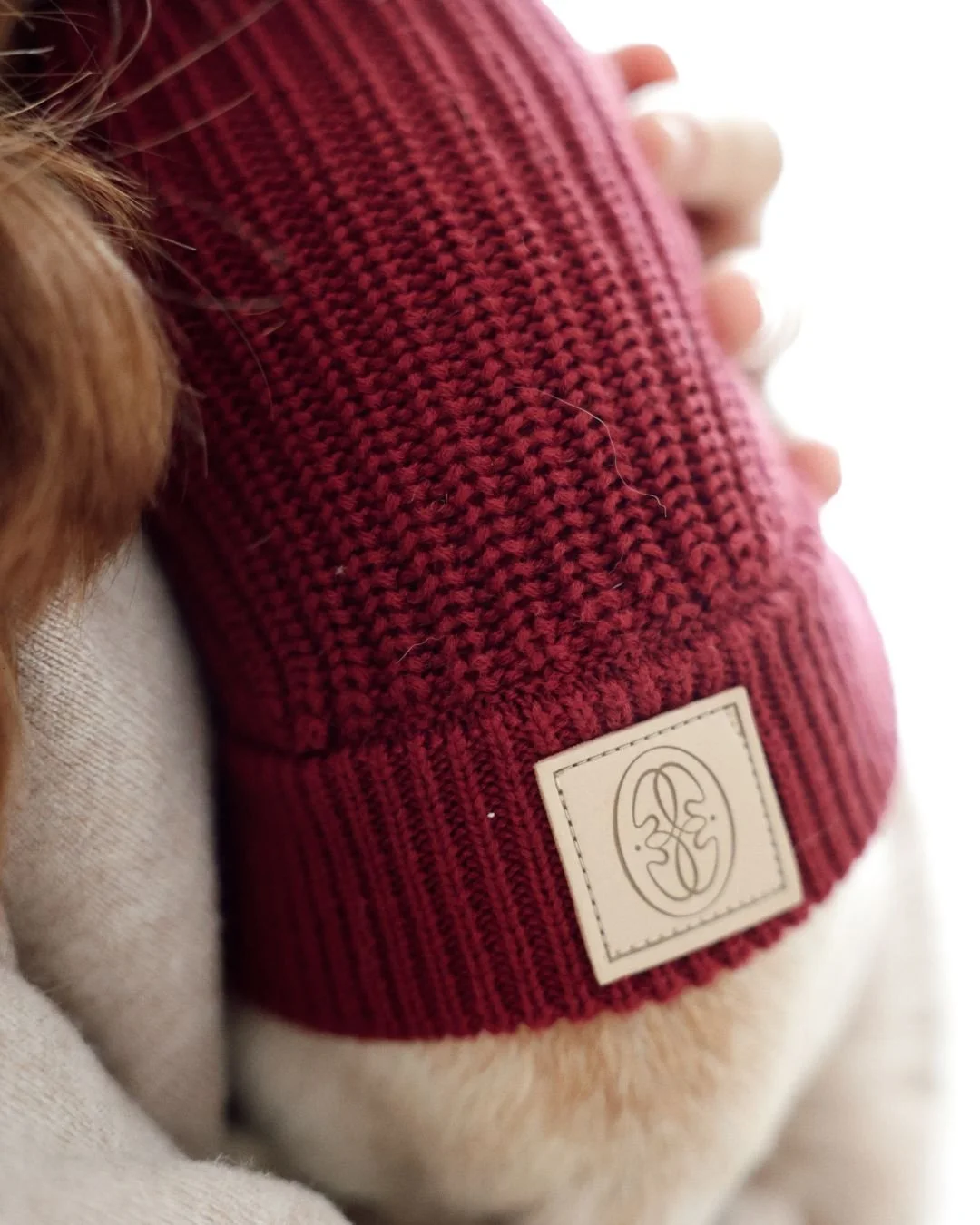 Close-up of a folded burgundy knit beanie with a white tag featuring a logo.