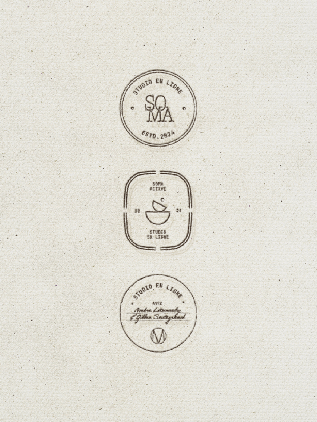 Three circular logos with text in French and English, featuring a coffee cup illustration.