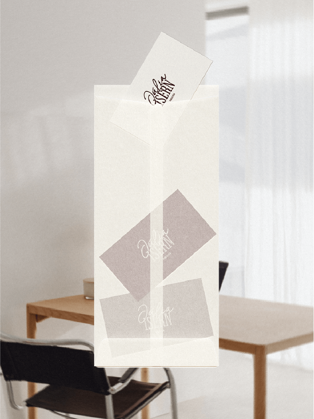 A white card with the word "DISASTER" written in black, placed inside a transparent sleeve that is hanging in a white vertical stand.