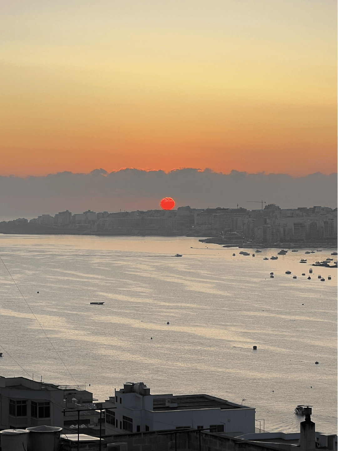 Sunset over a city skyline and harbor with boats and calm water.
