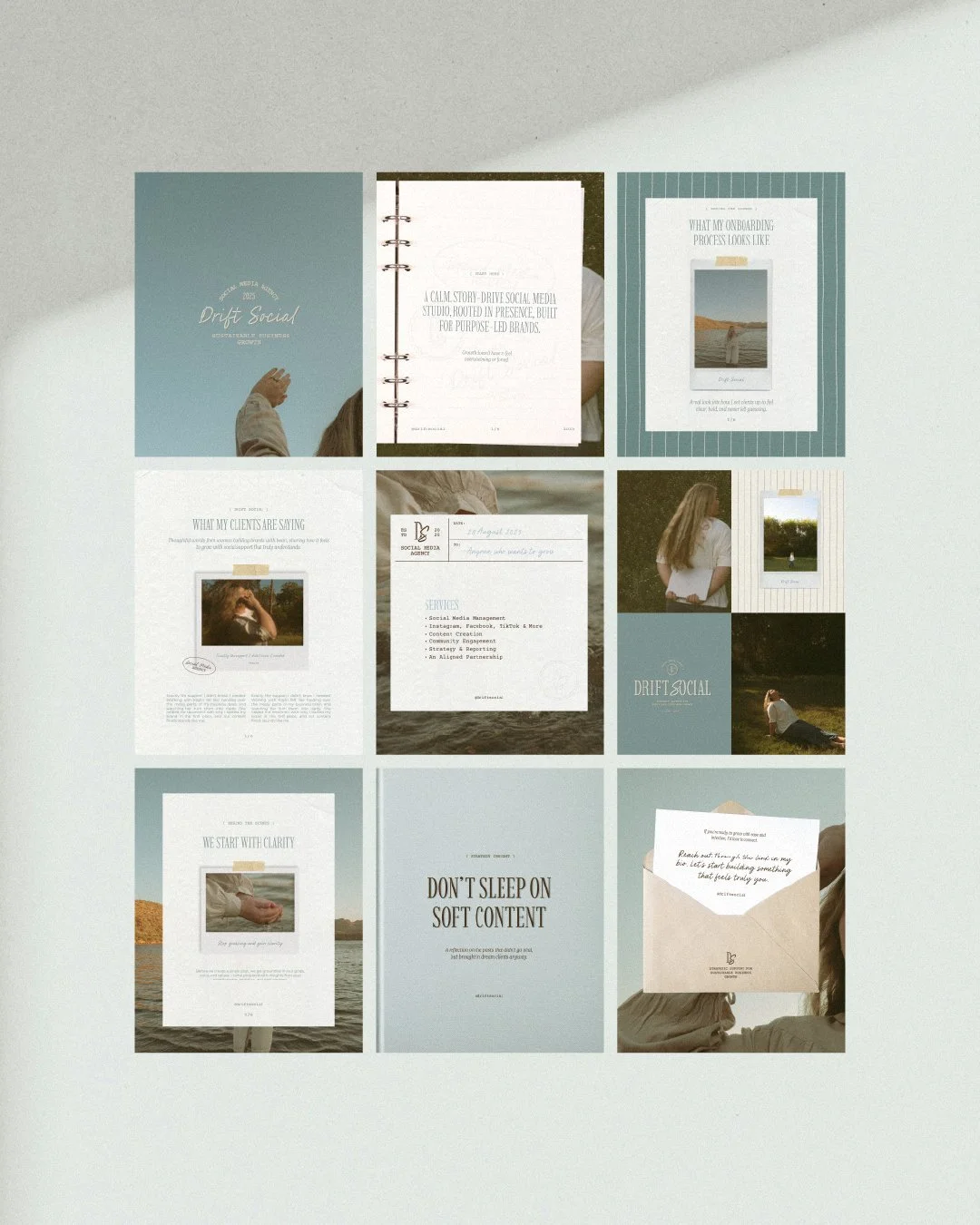 Collage of social media and branding materials, including photos, text pages, and designs with a calm, neutral color palette and outdoor themes.