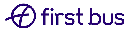 First Bus logo with purple font and globe icon.