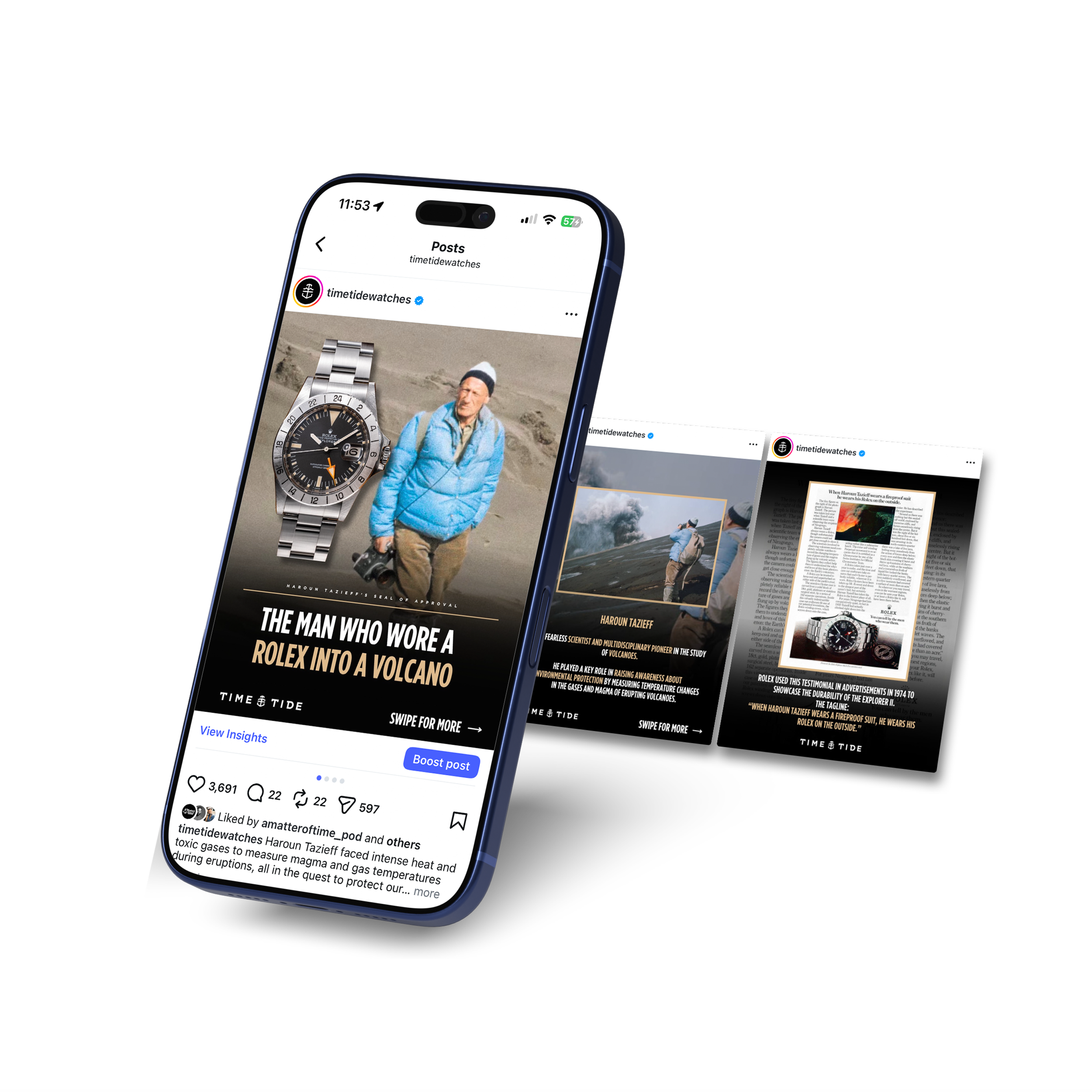 Instagram post with a man dressed for cold weather in a mountainous or volcanic area, holding a camera, and a close-up of a Rolex watch. The caption discusses the man wearing a Rolex into a volcano.