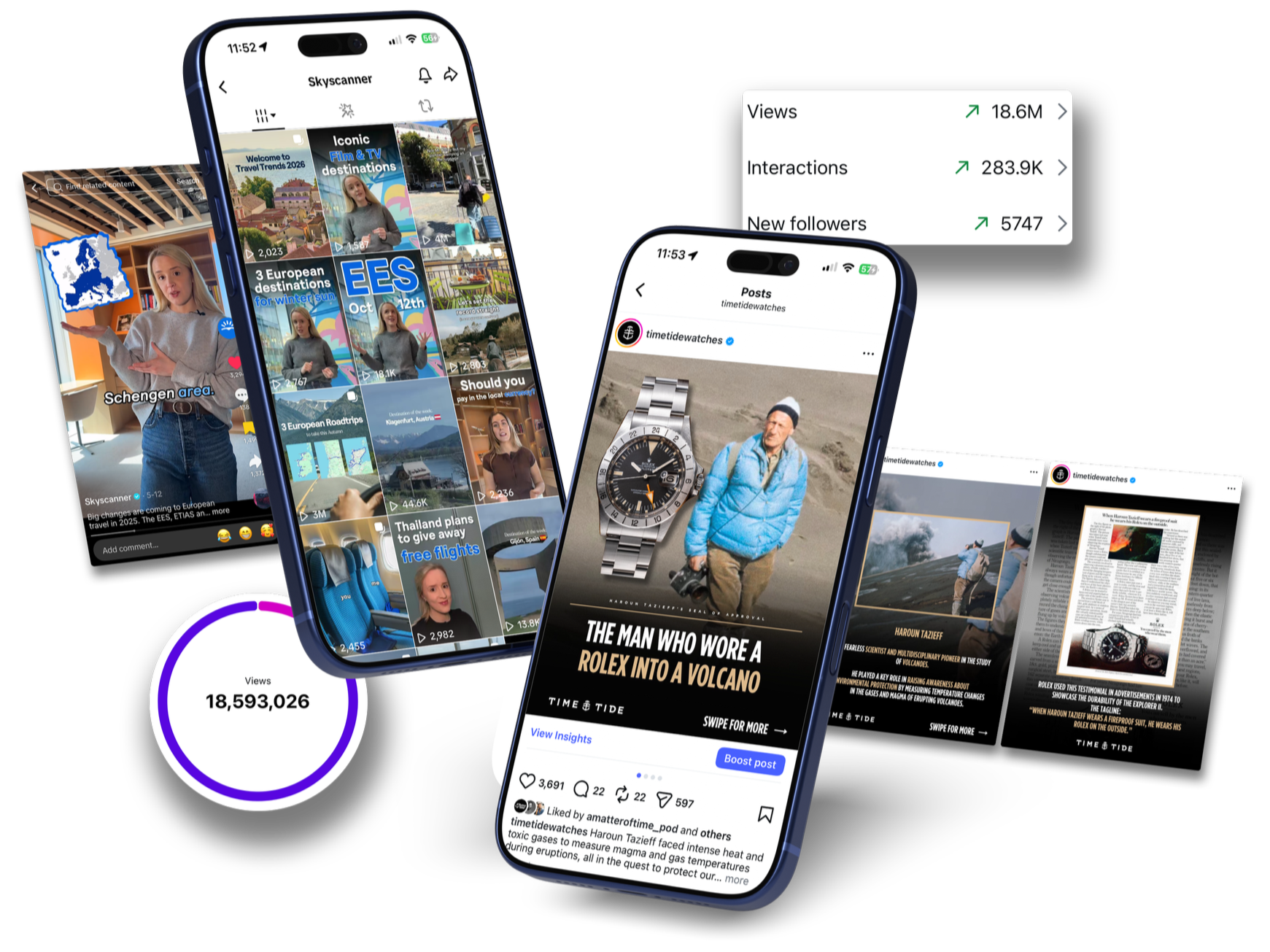 A collection of digital screens displaying social media content including videos, posts, analytics, and articles.