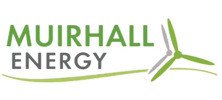 Logo for Muirhall Energy featuring green and gray text and a wind turbine graphic with a curved green line underneath.