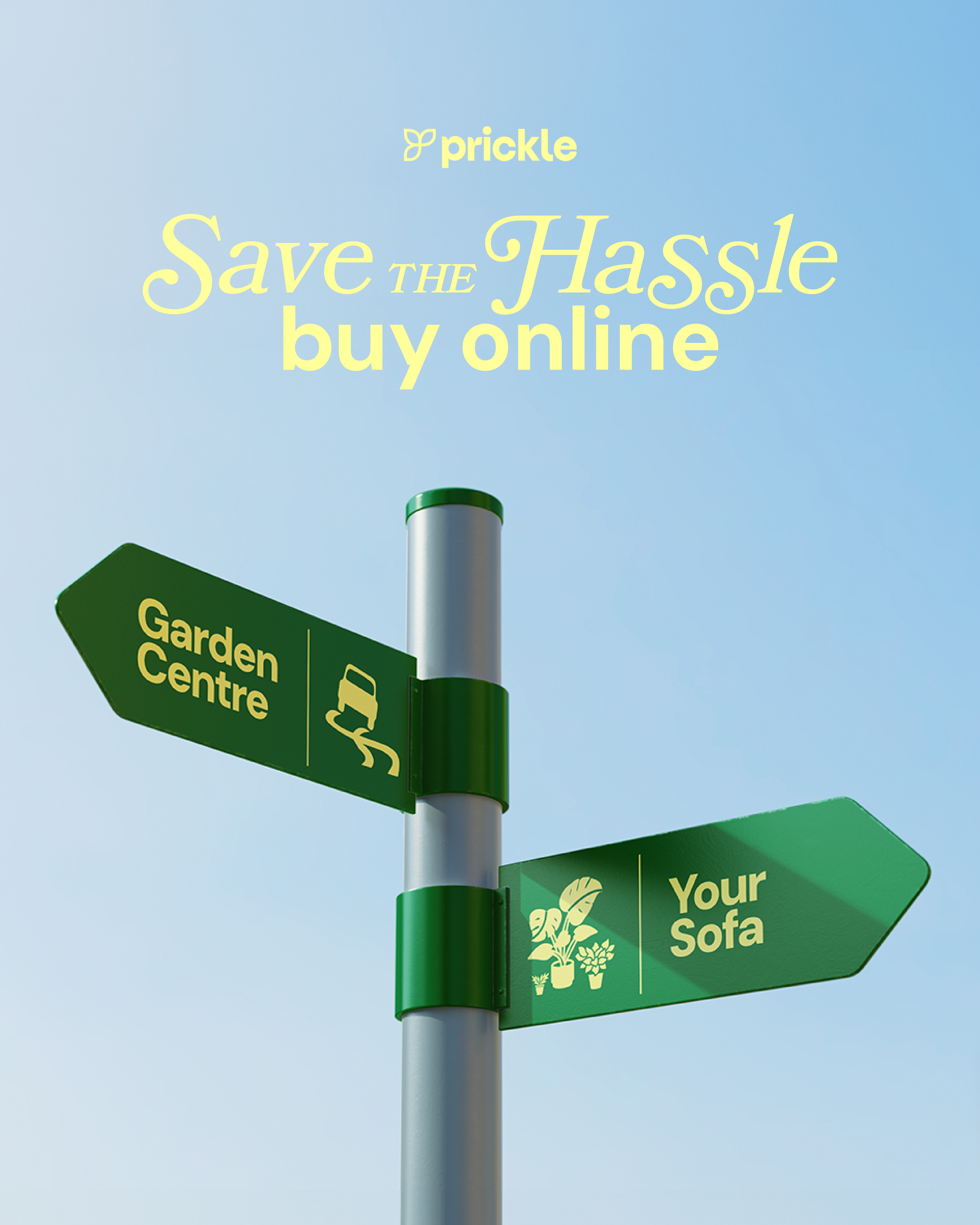 Green signpost with directions to Garden Centre and Your Sofa, set against a blue sky with promotional text about saving money online.