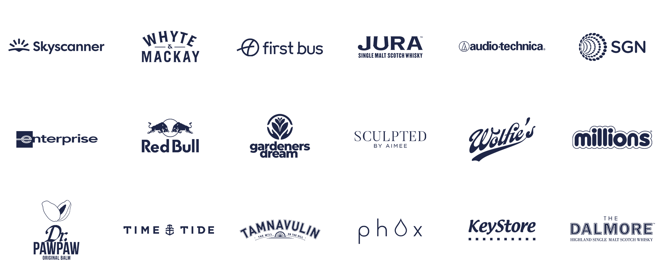 A collection of various brand logos in dark blue color including Skyscanner, Whyte & Mackay, First Bus, Jura Single Malt Scotch Whisky, Audio-Technica, SGN, Enterprise, Red Bull, Gardeners' Dream, Sculpted by Aimee, Wolfie's, Millions, Dr. PawPaw, Time & Tide, Tamnavulin, Phox, Keystore Curious, The Dalmore Highland Single Malt Scotch Whisky.