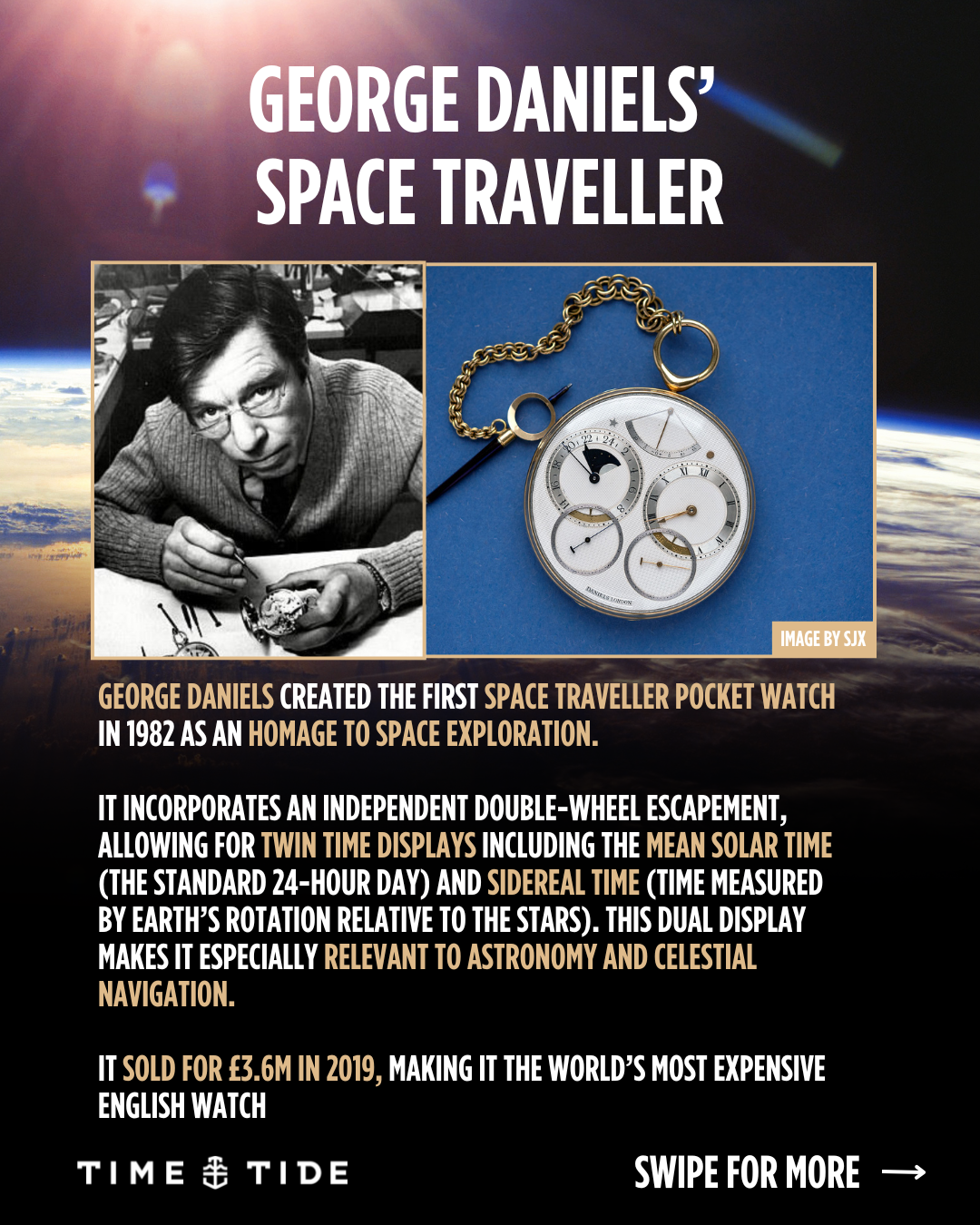 Text about George Daniels' space traveler pocket watch, with a black and white photo of George Daniels on the left, and a photo of the pocket watch on the right, against a space-themed background.