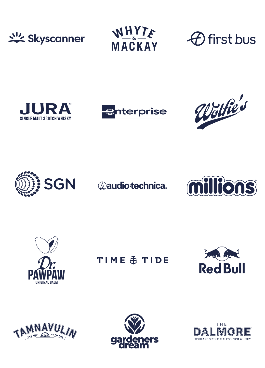 Collection of various brand logos including Skyscanner, Whyte & Mackay, First Bus, Jura whisky, Enterprise, Wolfo's, SGN, Audio-Technica, Millions, Dr. PawPaw, Time & Tide, Red Bull, Tainvulin, Gardeners Dream, and The Dalmore.