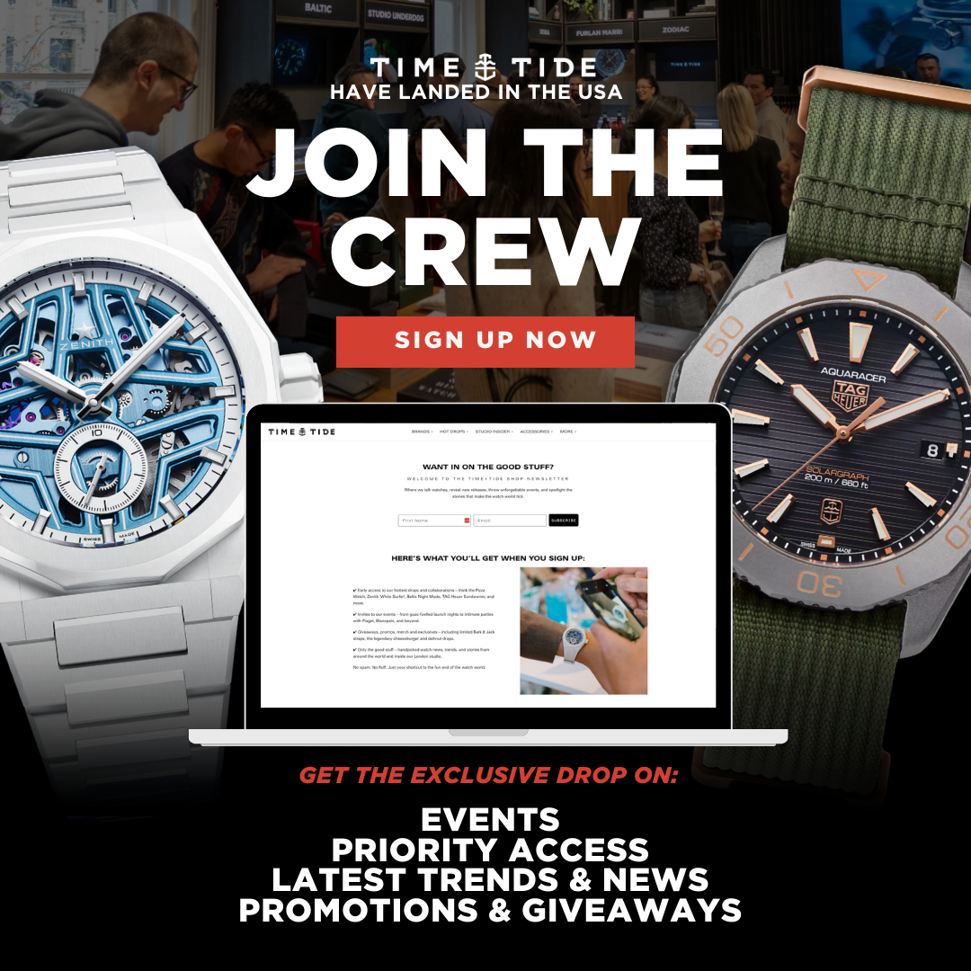 Promotional image for Time & Tide featuring watches, a laptop with a sign-up form, and information about exclusive events, promotions, and news for members.