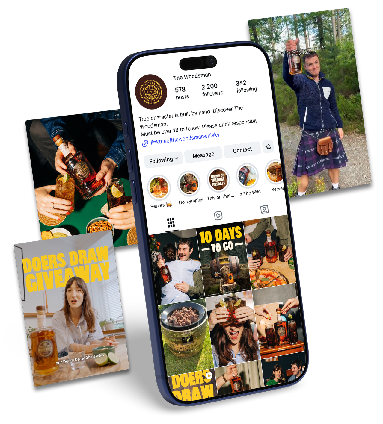 Smartphone displaying an Instagram profile for The Woodsman, with images of people enjoying whiskey and socializing, surrounded by promotional materials for whiskey giveaways and outdoor events.