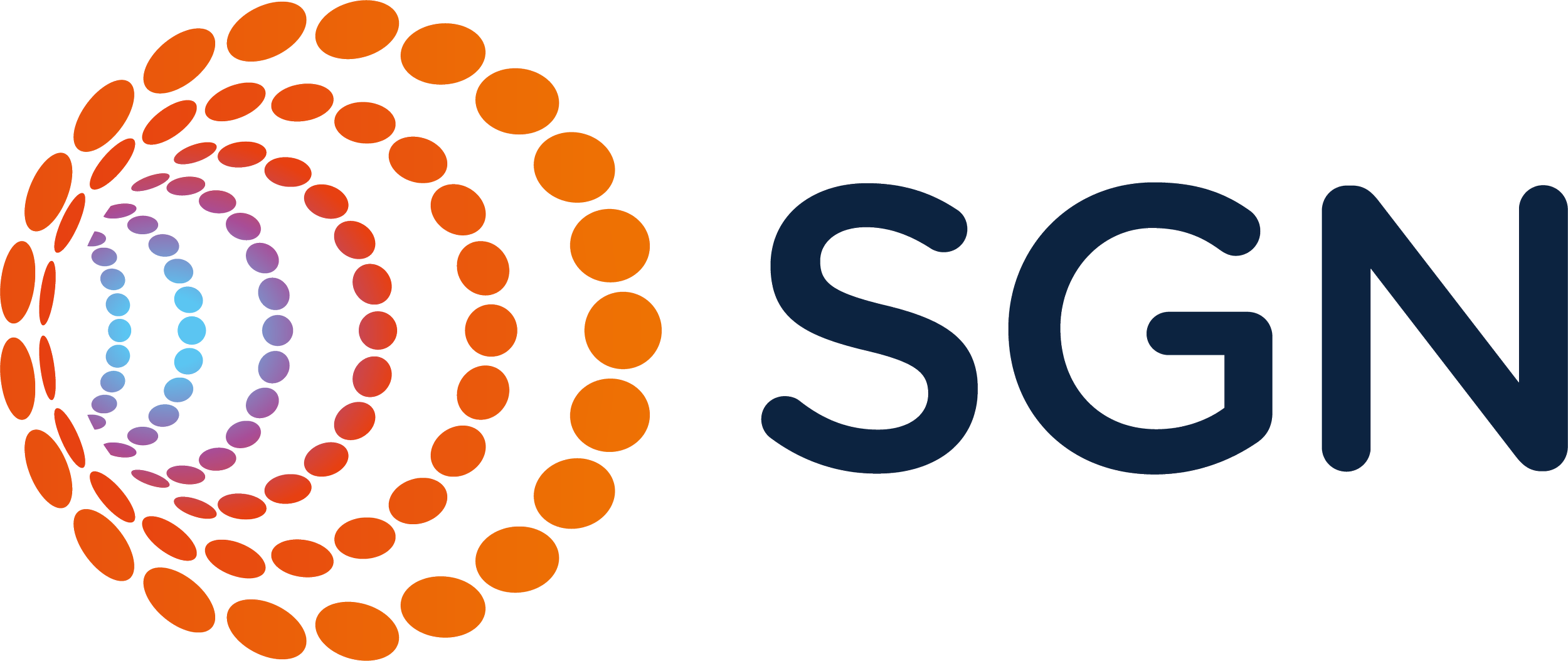 A stylized logo with the letters 'SGN' in large black font next to a circular design made of multiple orange and purple ovals.
