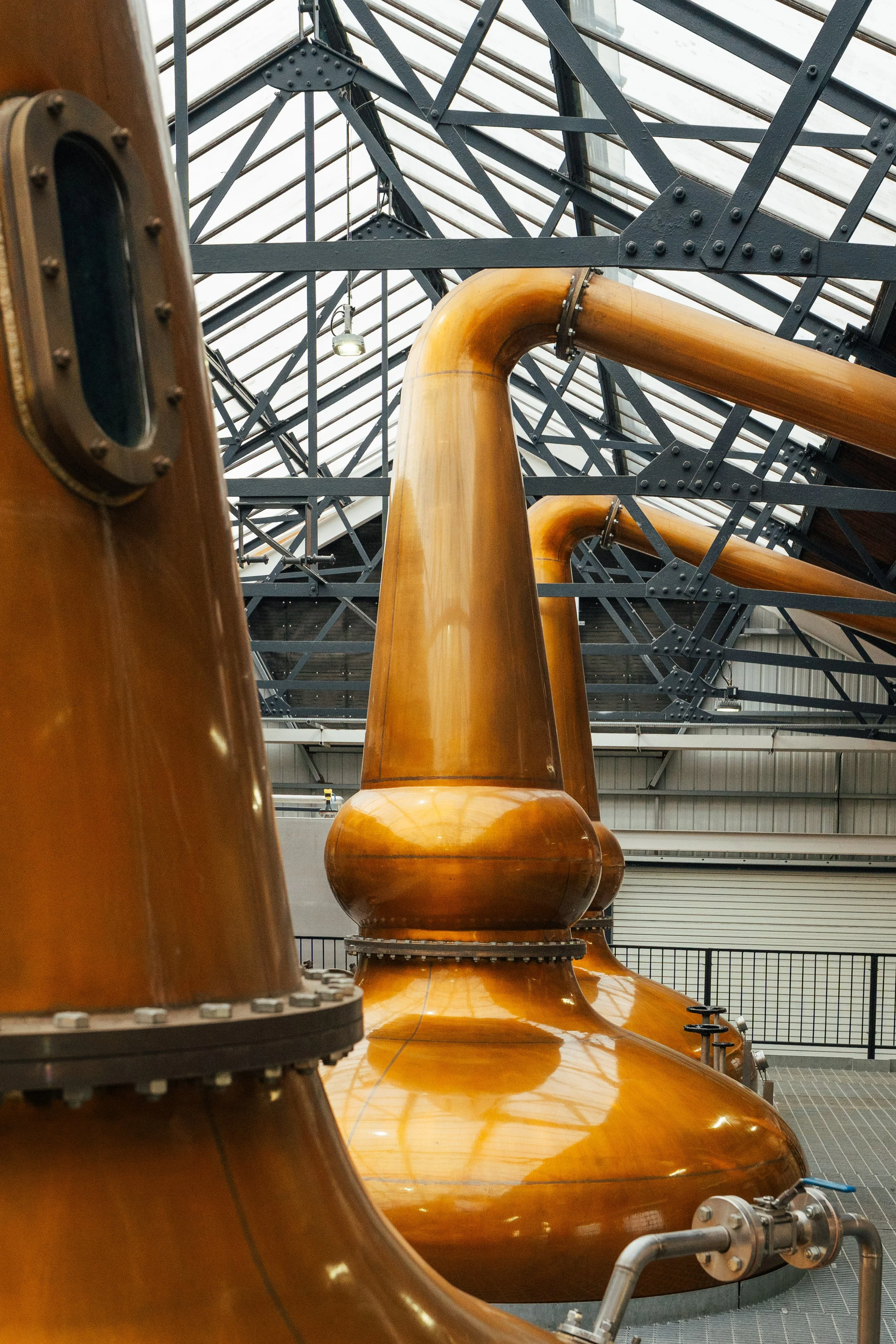 Close-up view of large copper stills used for distillation, inside an industrial facility with a metal framework and glass ceiling.