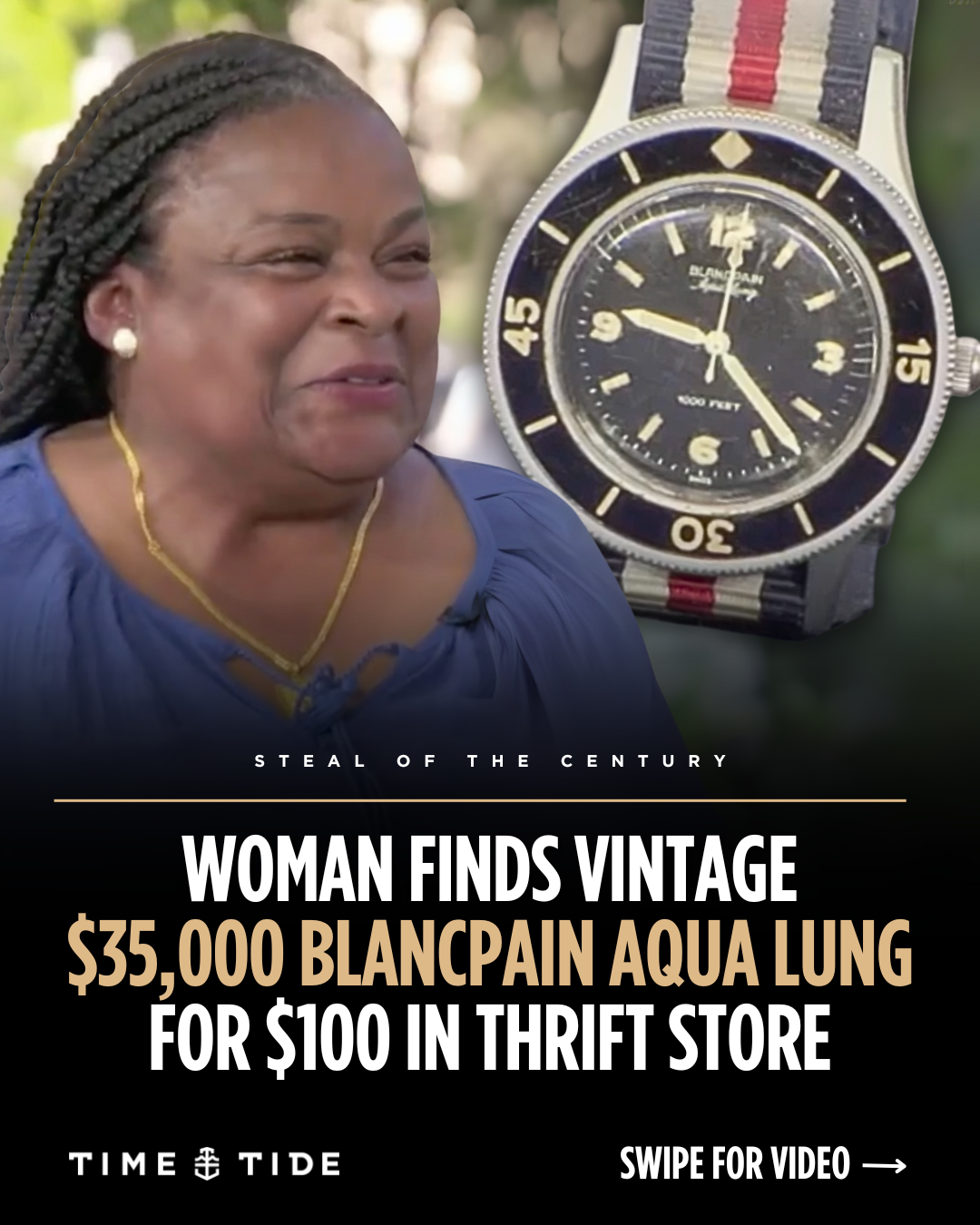 A smiling woman with braided hair wearing a blue top and gold jewelry next to a vintage Blancpain Aqua Lung watch. The text states she found a $35,000 Blancpain Aqua Lung for $100 at a thrift store, in an advertisement for Time & Tide.