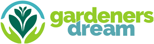 Logo for Gardeners Dream with green and blue text and a stylized plant icon.