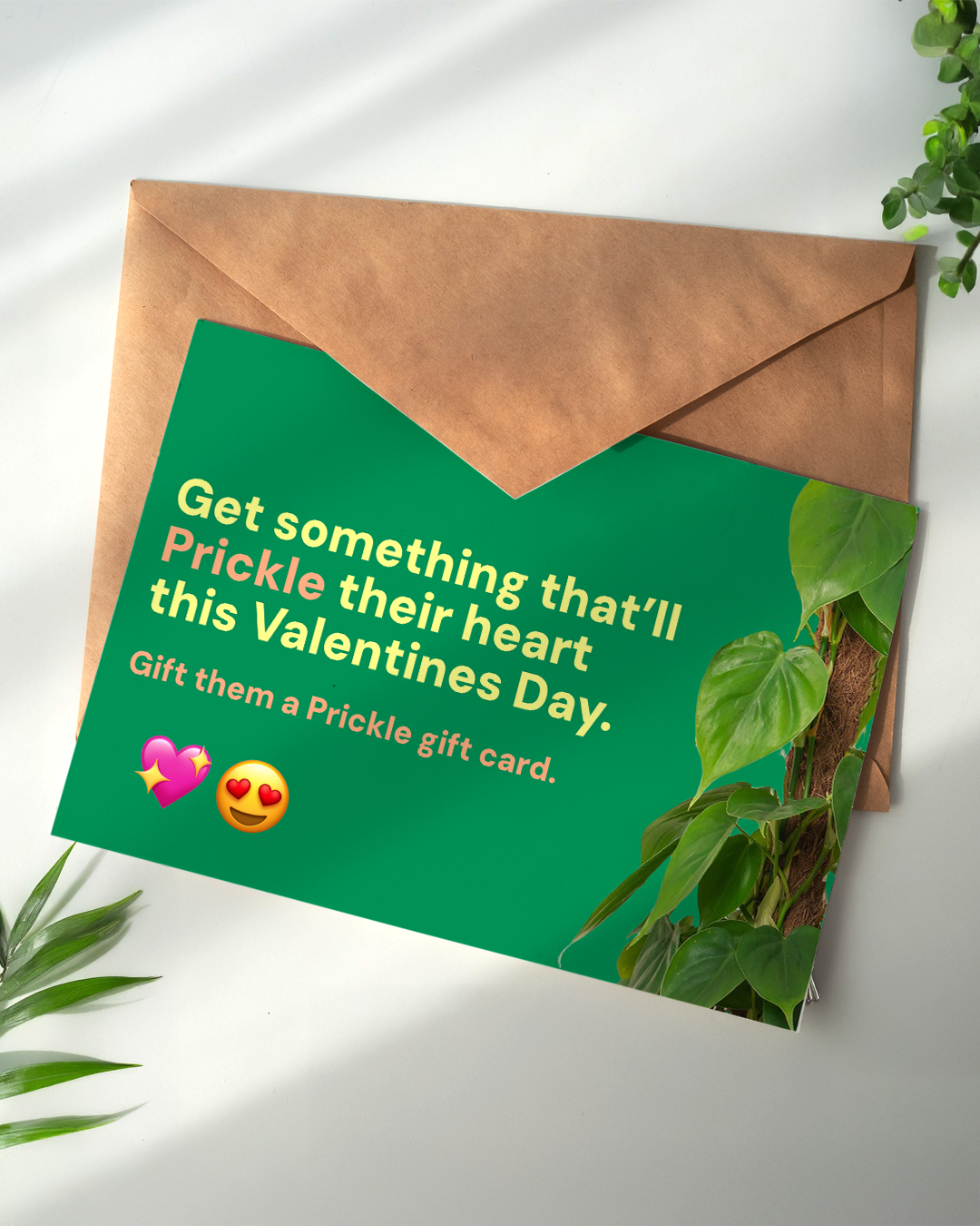 Green Valentine's Day gift card with a plant, offering a Prickle gift card for Valentine's Day.
