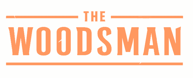 Graphic with bold yellow background, featuring text in red and orange that reads "The Woodsman" with horizontal lines above and below the text.