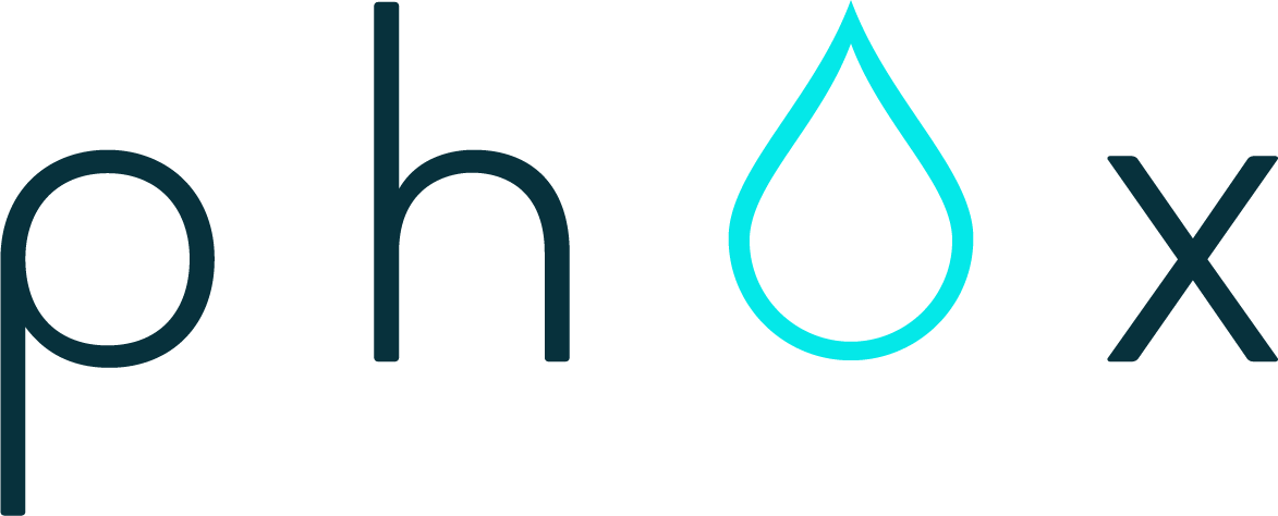 The word "Phox" with the letter "o" replaced by a blue water droplet icon.