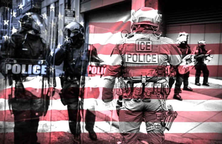 Armed US Immigration and Customs Enforcement agents with background of American flag and police.