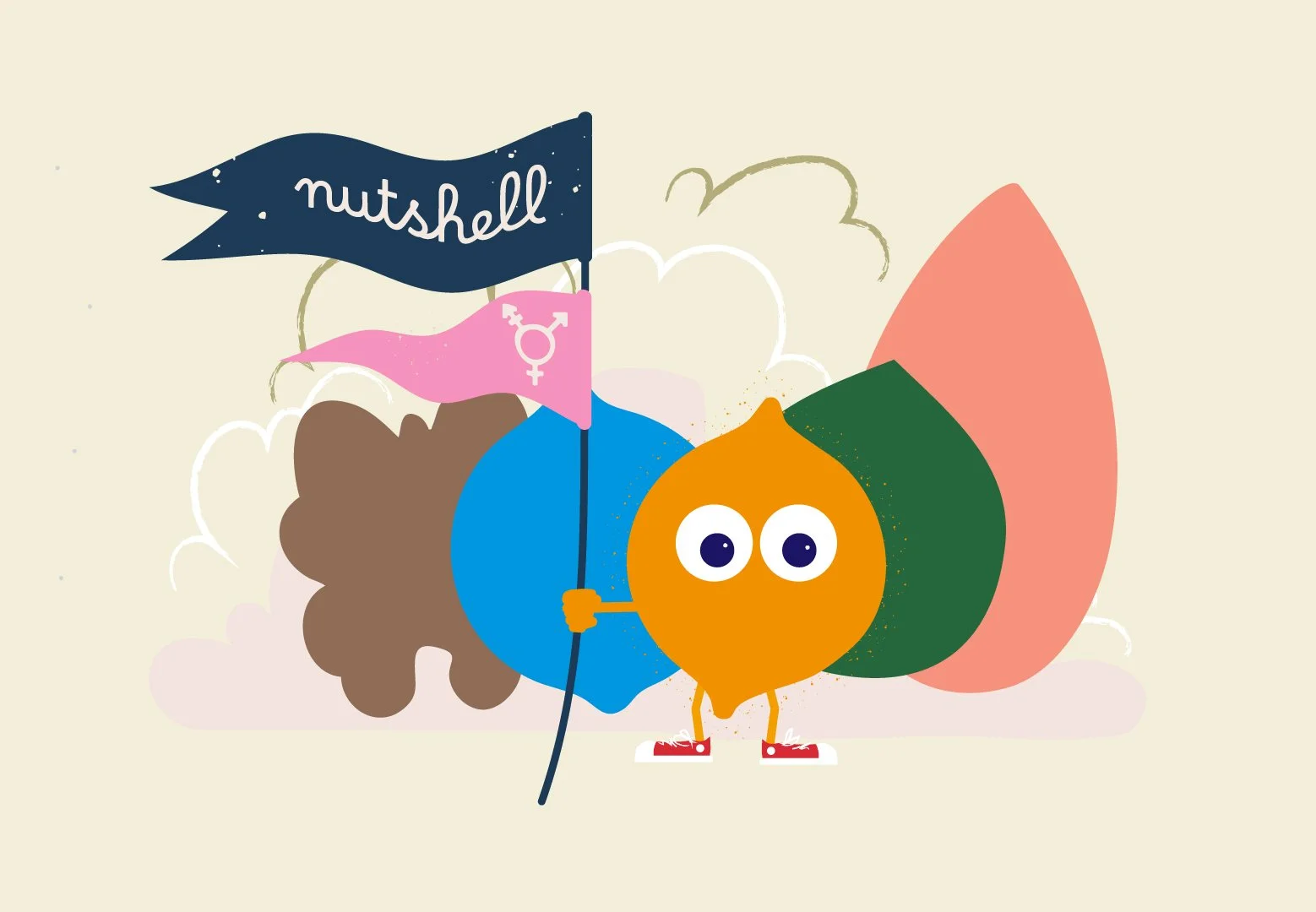 A cartoon illustration of a human nut with large eyes, holding a flag that says 'nutshell' and a pink flag with gender symbols, standing in front of simplified trees and clouds.