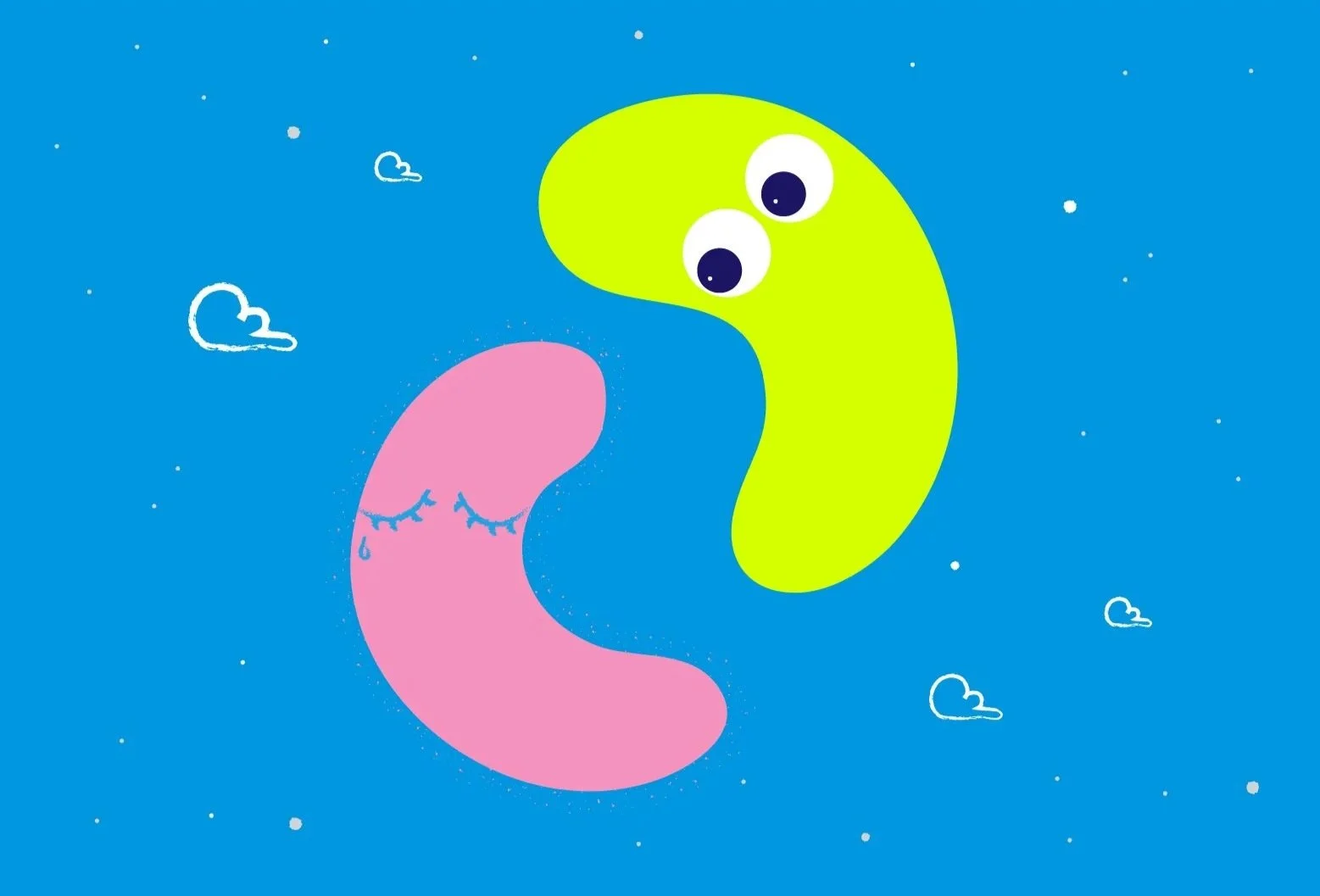A cartoon illustration of a pink crescent character with closed eyes and tears, and a green, crescent-shaped character with big eyes, set against a blue night sky with small white clouds and stars.