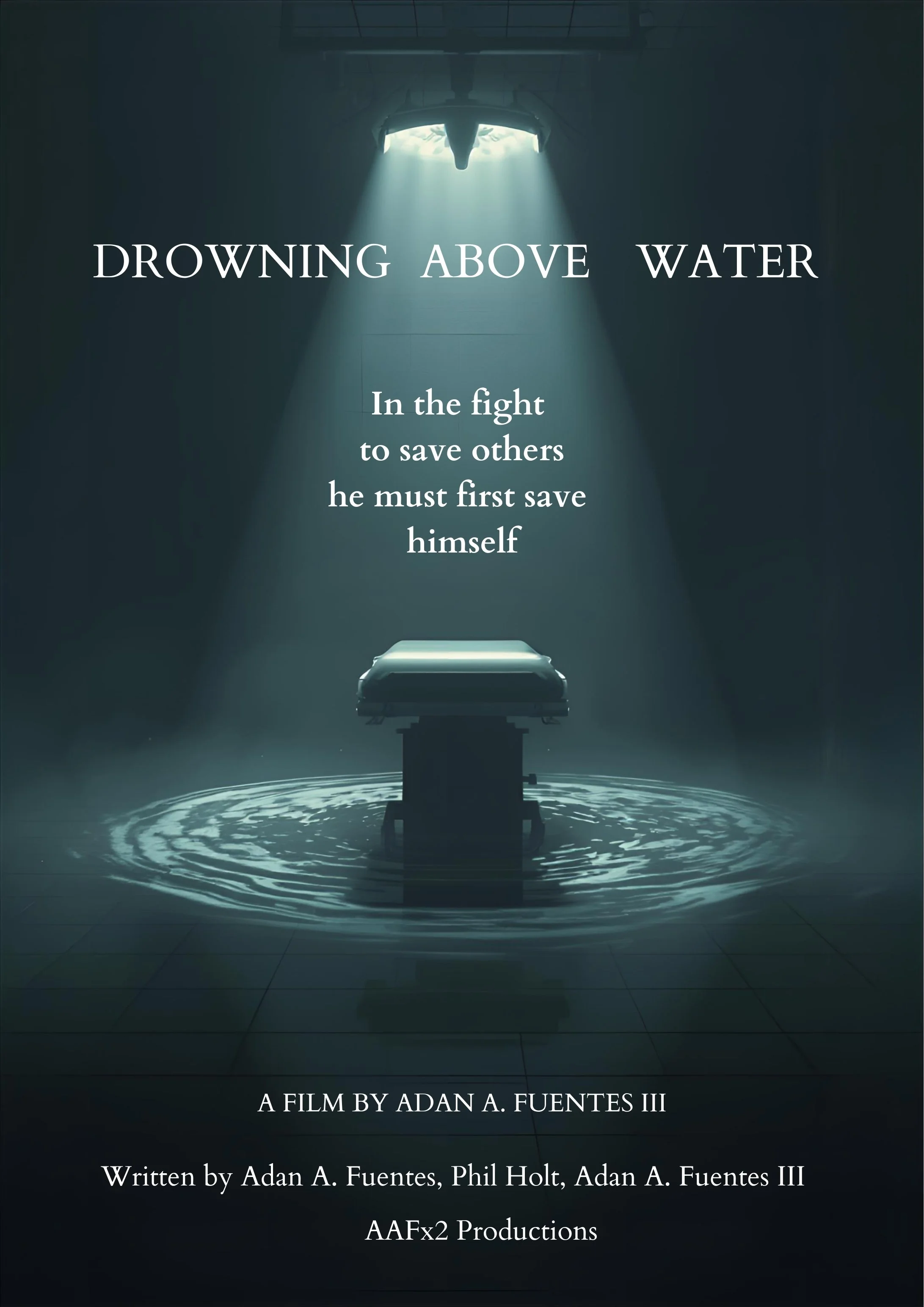 Image of an empty hospital gurney in a dimly lit room with a beam of light shining down from an open door, with water ripples on the floor around it, accompanied by the text "DROWNING ABOVE WATER" and a quote about fighting to save oneself.