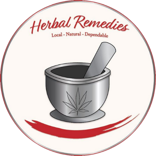 A mortar and pestle with a cannabis leaf logo, surrounded by the text 'Herbal Remedies, Local, Natural, Dependable'.