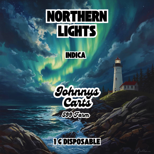 Northern Lights over a lighthouse on a rocky coast at night, with text advertising Johnny Carts Indica, 599 Farm, and 1g disposable.