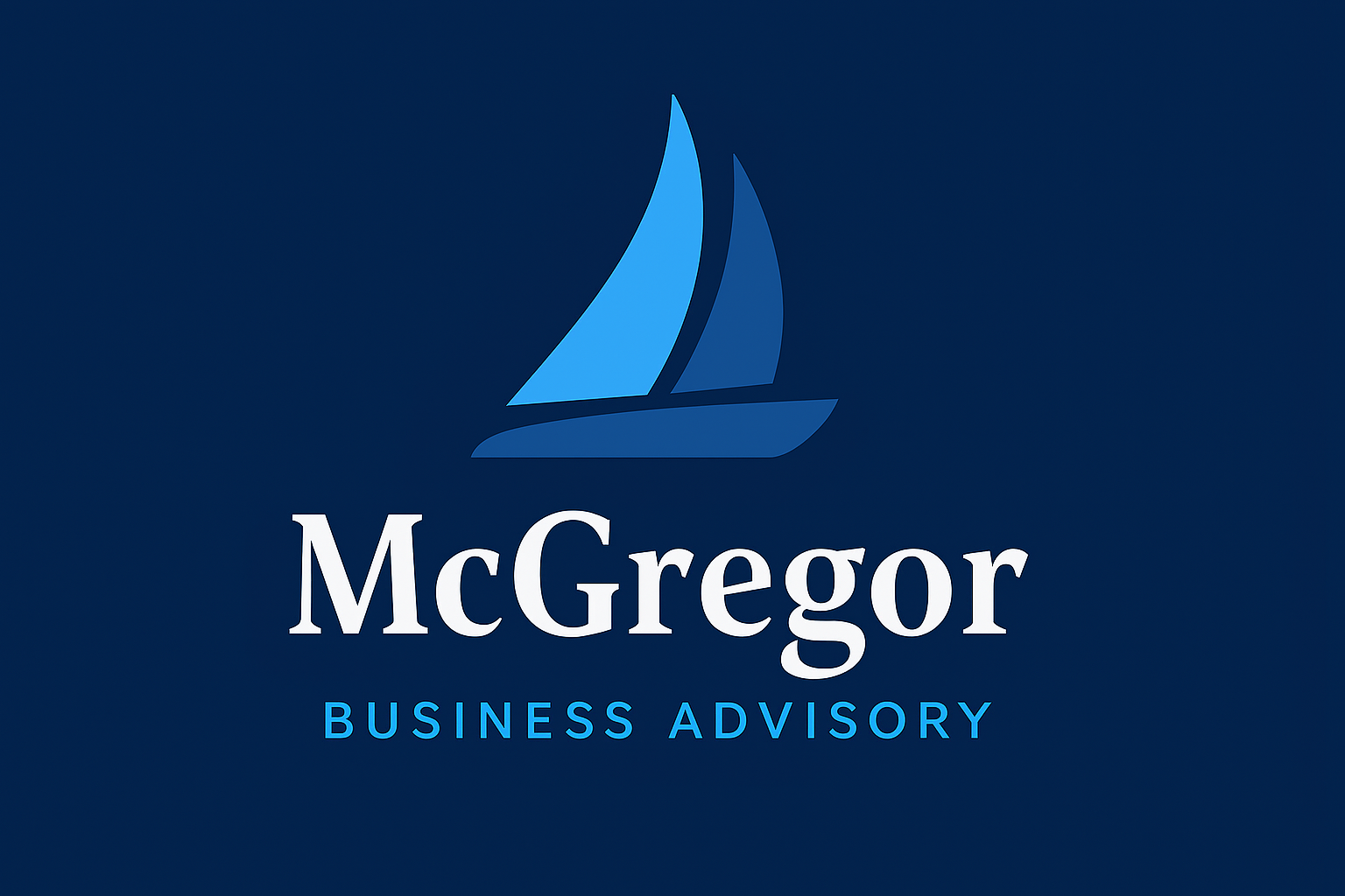 Logo for McGregor Business Advisory, featuring a stylized sailboat in blue shades and the text 'McGregor' in white, with 'Business Advisory' below in blue.