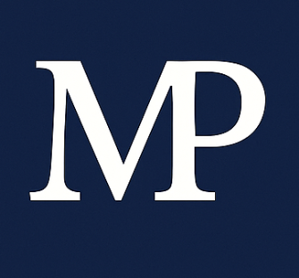 Logo with white letters 'MP' on a dark blue background.