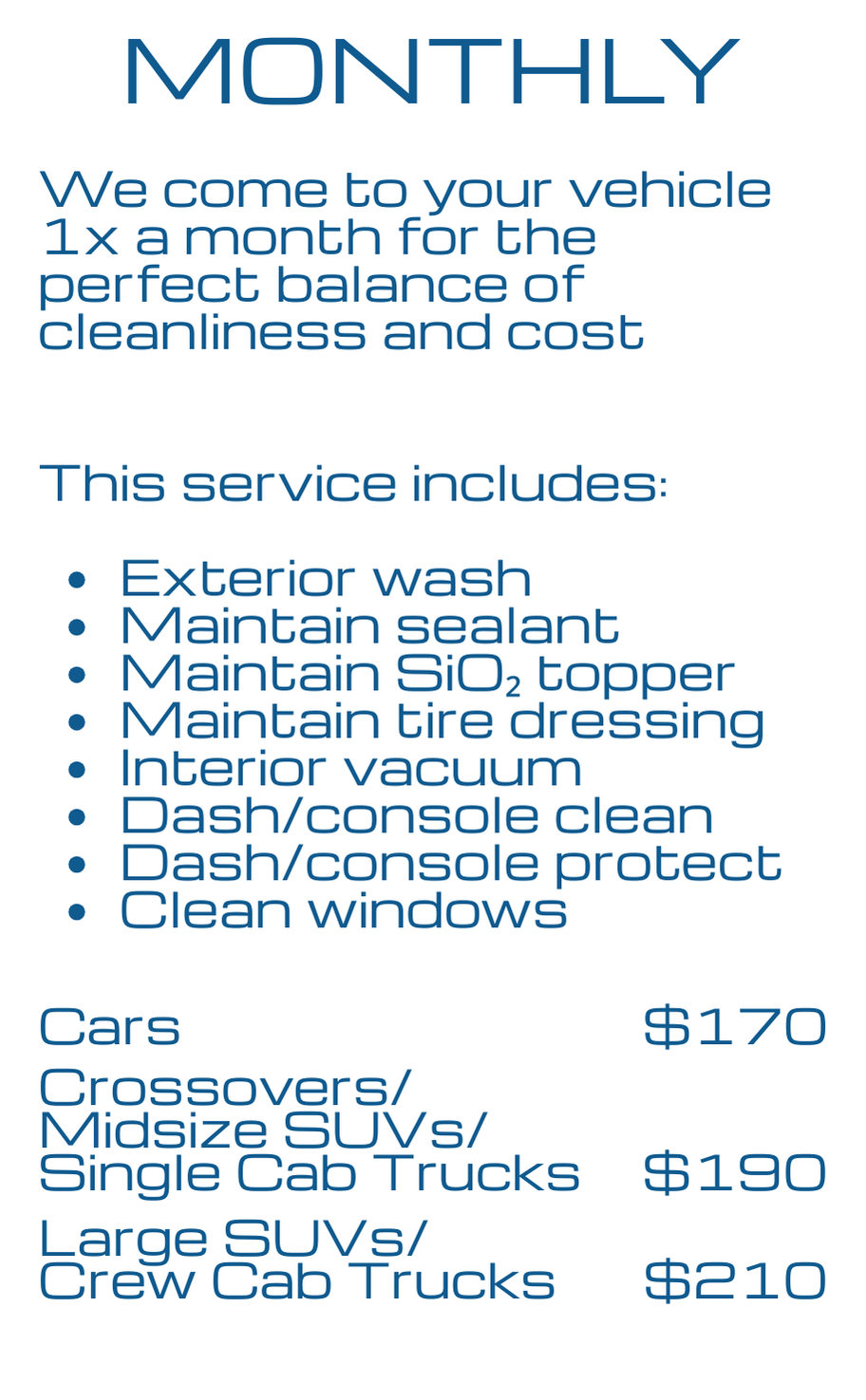 Monthly vehicle cleaning service advertisement listing services included, pricing for cars, crossover/midsize SUVs, and large SUVs/crew cab trucks.