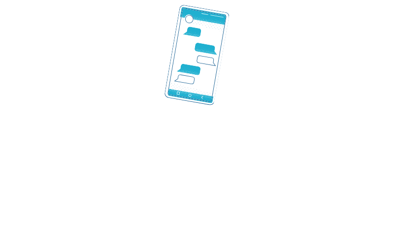 Illustration of a smartphone with chat messages and text detailing mobile communication steps.