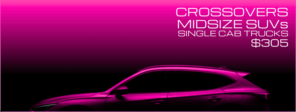 A vibrant pink sports car silhouette on a black background with pink gradient, advertisement for Crossovers, Midsize SUVs, and Single Cab Trucks priced at $305