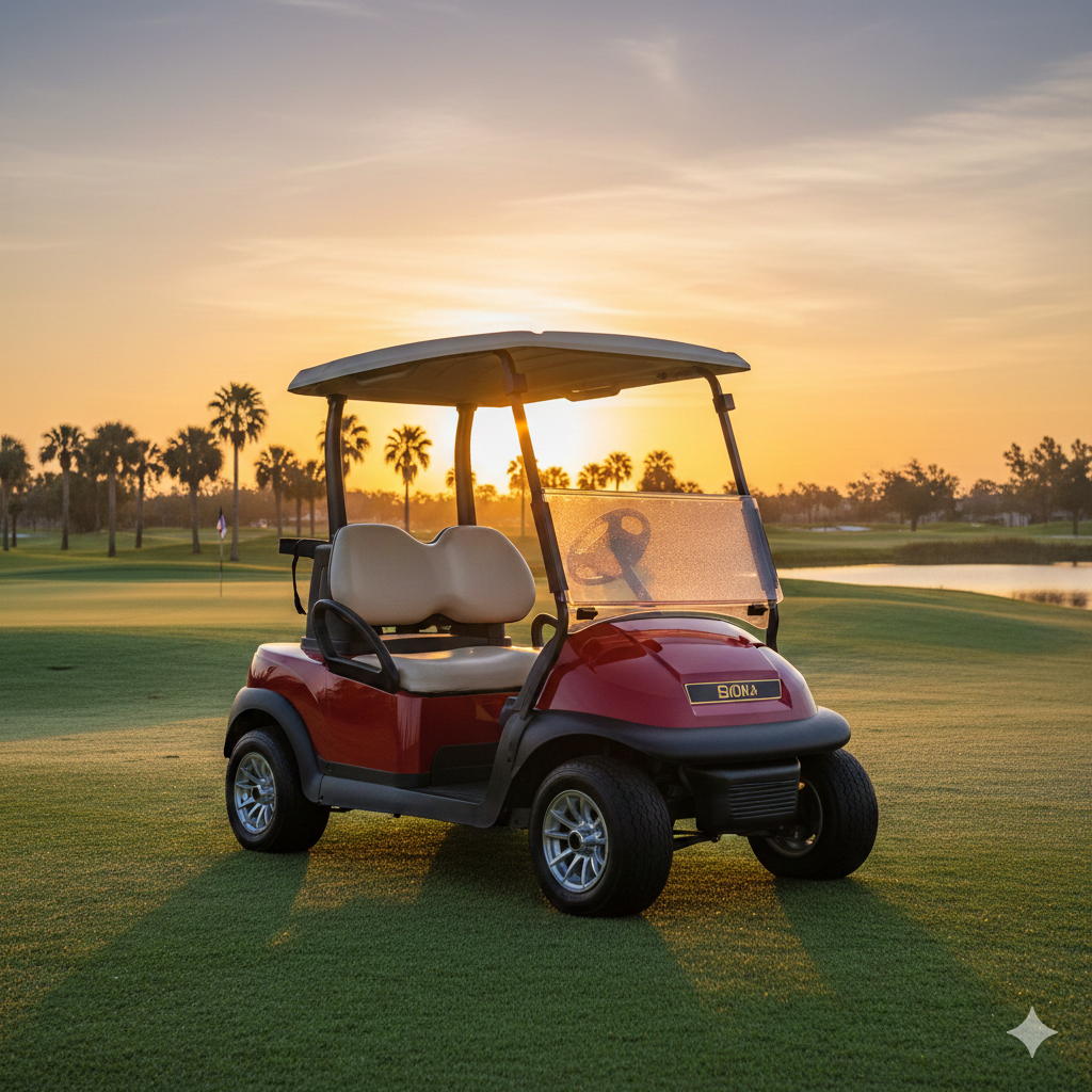 freshly detailed golf cart on golf course after professional detail