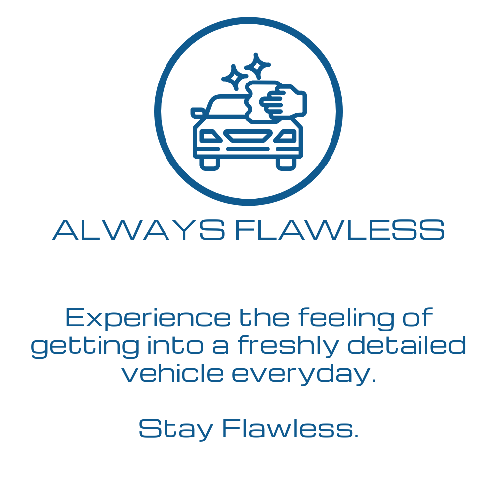 Icon of a hand polishing a car with sparkles above it, surrounded by a circle. Text says "Always Flawless" and "Experience the feeling of getting into a freshly detailed vehicle every day. Stay Flawless."