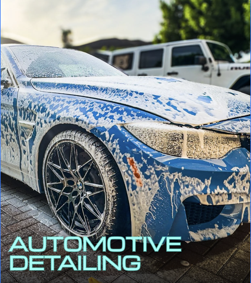 Blue BMW mid-wash with soap and water rinse showing detailed cleaning process