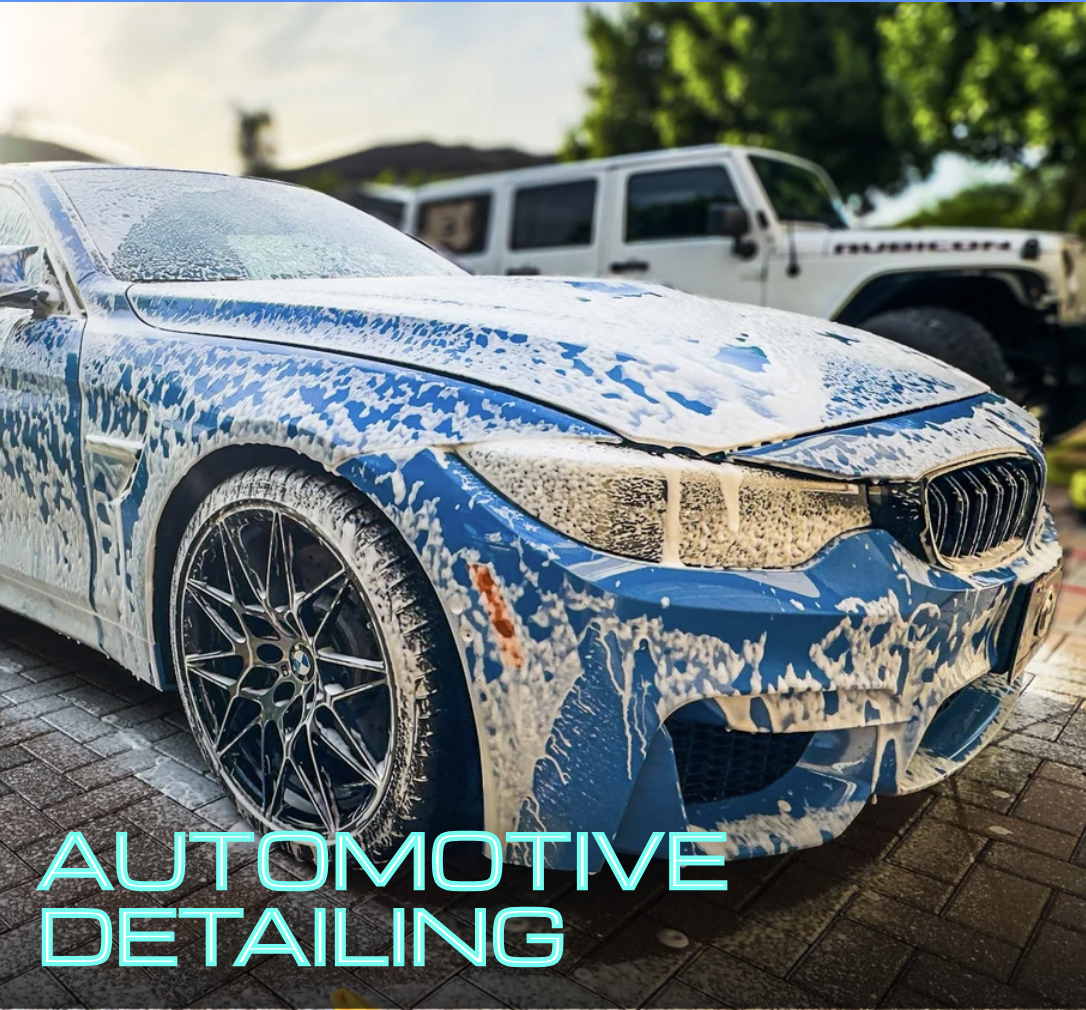 Blue BMW mid-wash with soap and water rinse showing detailed cleaning process