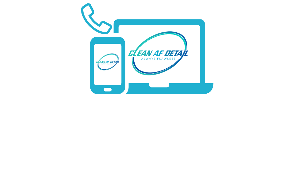 Graphic showing a computer and smartphone with the logo "Clean As Detail" and the slogan "Always Flawless." Text below explains mobile scheduling options, including online scheduling, email or text, contact form, or calling directly.
